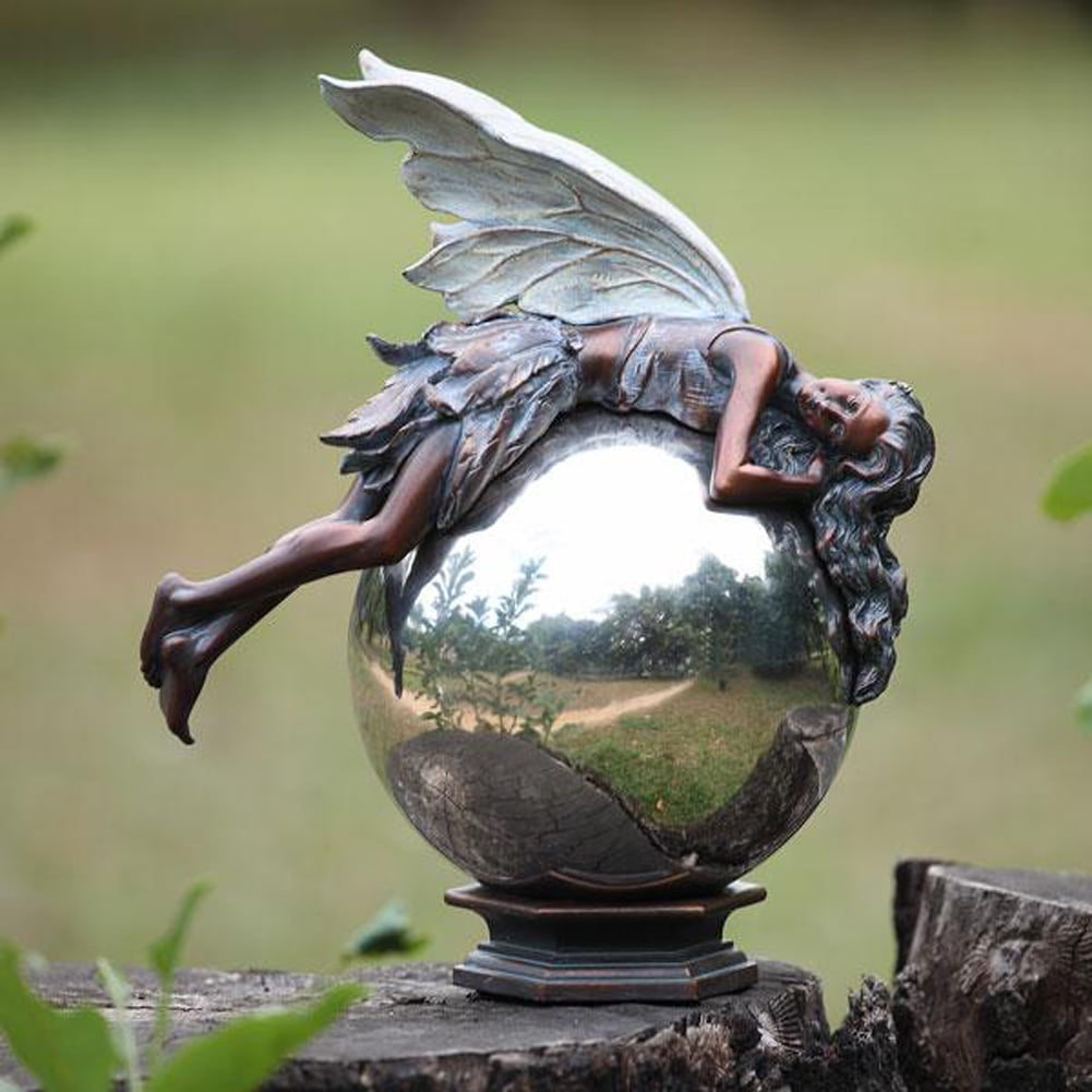 Napco 12Inch Tall Bronze Fairy Resting on Gazing Ball Outdoor Garden
