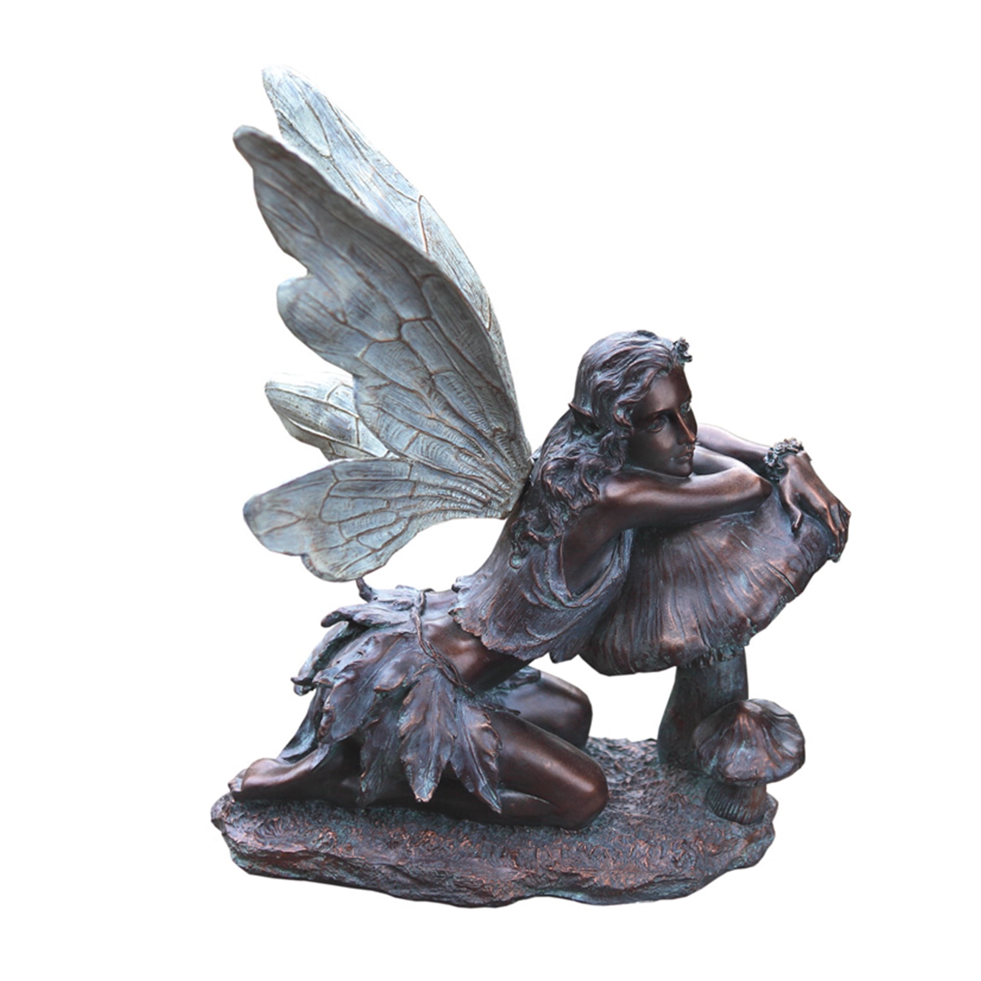 Napco 16.5 Inch Resin Fairy On Mushroom Outdoor Garden Statue, Bronze