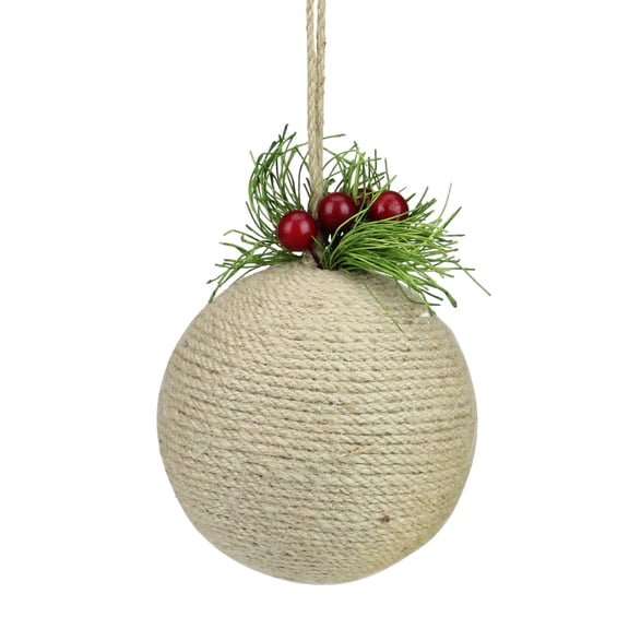 Napco 5.5" Burlap Holly Berries Christmas Ball Ornament - Beige/Green