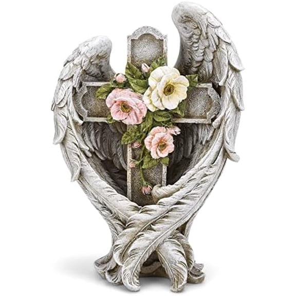 Napco Angel Wings Embracing Cross Grey and Pink 11.75 Inch Resin Outdoor Garden Statue$$Garden & Patio