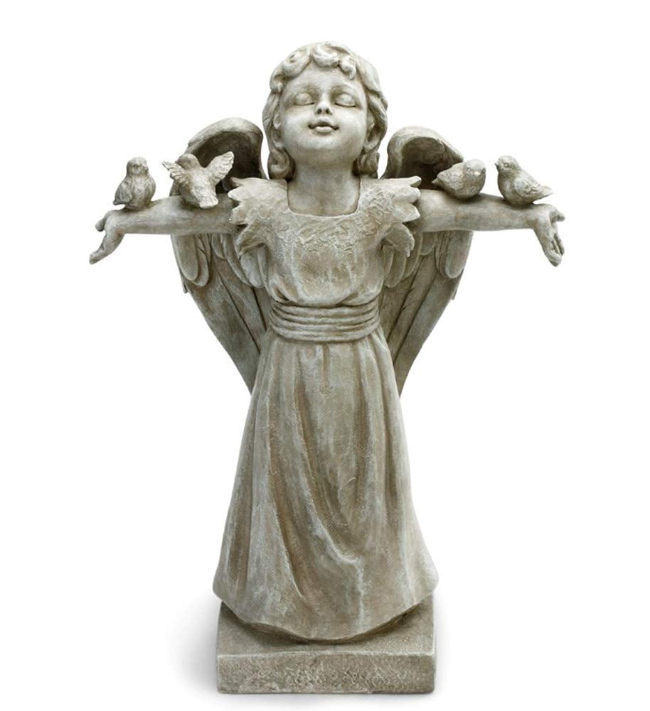 Napco Angel with Birds Pewter Grey 19 x 14 Resin Stone Garden Collectible Figurine