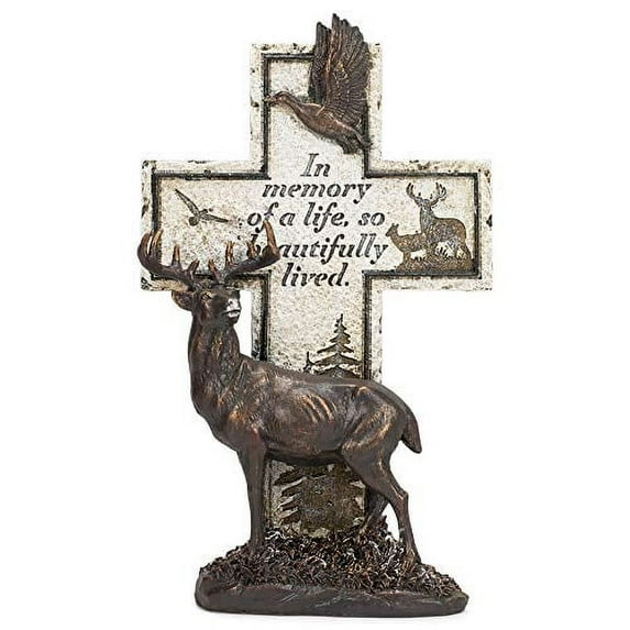 Napco Deer Cross Bronze Tone and Ivory 12.5 Inches Polyresin Sentimental Memorial Plaque