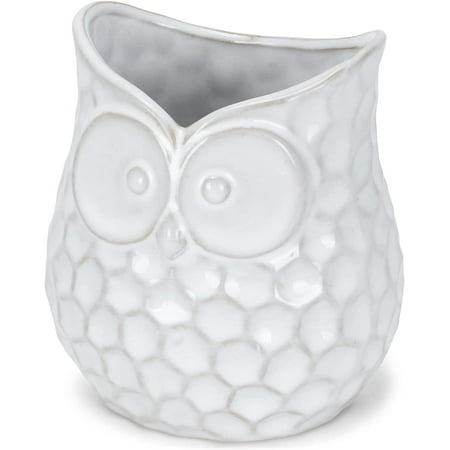 Napco Dimple Pattern Owl 4.5 Inch Distressed White Ceramic Flower Pot Planter