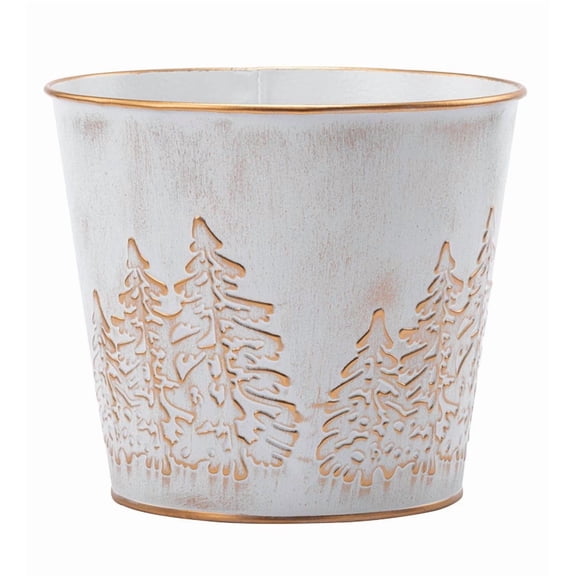 Napco Embossed Forest Trees with Hard Liner - 6 Inch Distressed White Metal Round Standing Indoor or Outdoor Planter Cache Pot Cover
