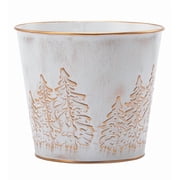 Napco Embossed Forest Trees with Hard Liner - 6 Inch Distressed White Metal Round Standing Indoor or Outdoor Planter Cache Pot Cover