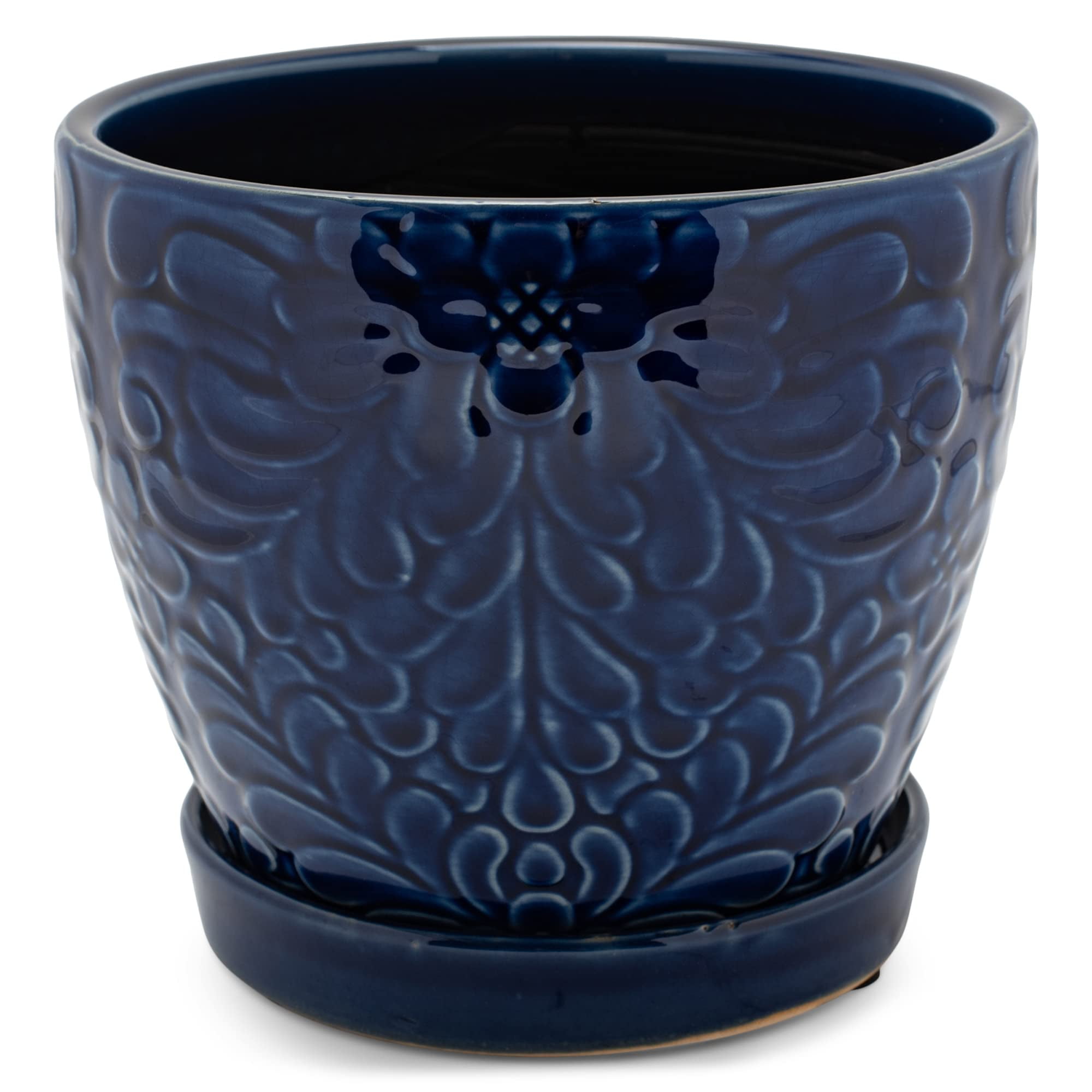 Napco Floral Cobalt Blue 5.25 x 6 Inch Ceramic Flower Pot Planter with Saucer 5.25 x 6 x 6 Inch