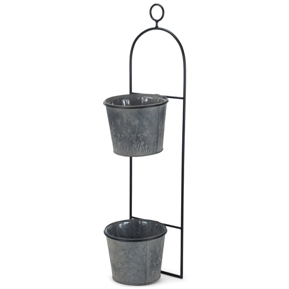 Napco Garden Pattern Imprinted Pail 6.5 Inch Grey Metal Double Pot Hanging Wall Planter