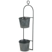 Napco Garden Pattern Imprinted Pail 6.5 Inch Grey Metal Double Pot Hanging Wall Planter