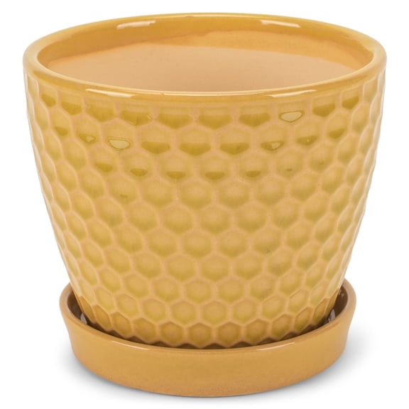 Napco Honeycomb Embossed Bright Yellow 6 Inch Ceramic Flower Pot Planter with Saucer