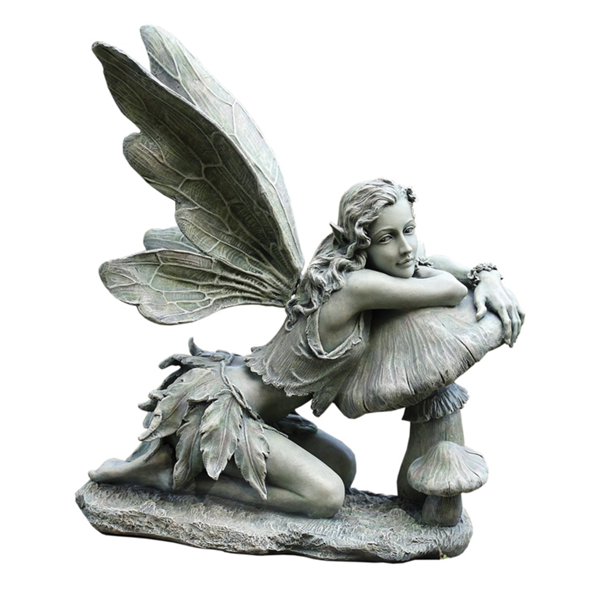 Green Resin Fairy Resting on Mushroom Garden Statue