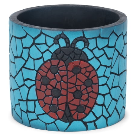 Napco Ladybug Mosaic 4.75 Inch Diameter Red Black Blue Concrete Flower Pot Planter