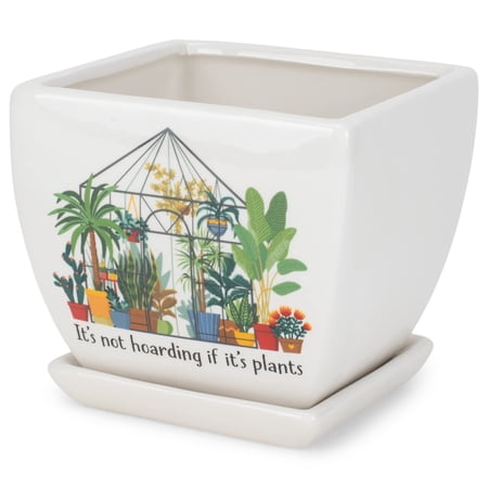 Napco Not Hoarding Its Plants 4.75 Inch White Ceramic Square Pot Planter with Saucer
