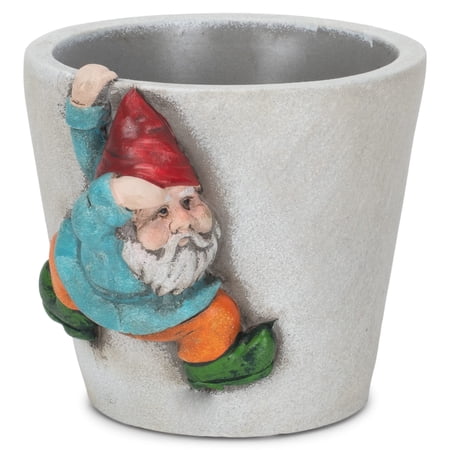 Napco Peeking Gnome Hanging On Small Grey Concrete Flower Pot Planter, Gray