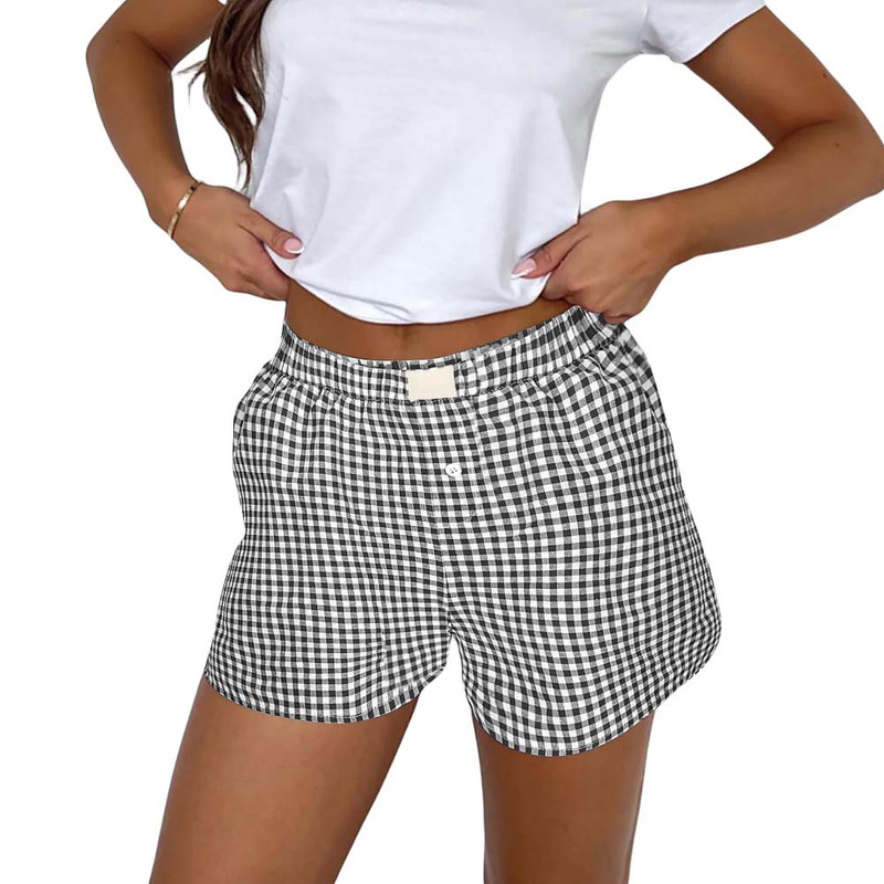 Naphebe Plaid Boxer Pajamas Shorts for Women, Low Rise Cotton Lounging