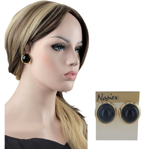 Napier - Black Gold Tone Large Bubble Button Clip On Earrings