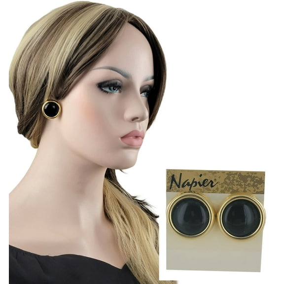 Napier - Black Gold Tone Large Button Clip On Earrings