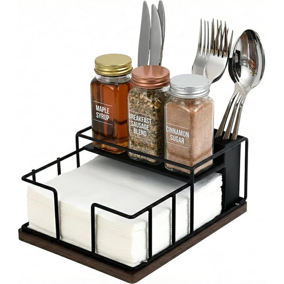 Napkin Holder for Table, Countertop Utensil & Silverware Caddy | 3-Section Organizer for Kitchen Counter, Dining Table, Picnic or Buffet. Keeps Cutlery, Spoons & Silverware Tidy, Black