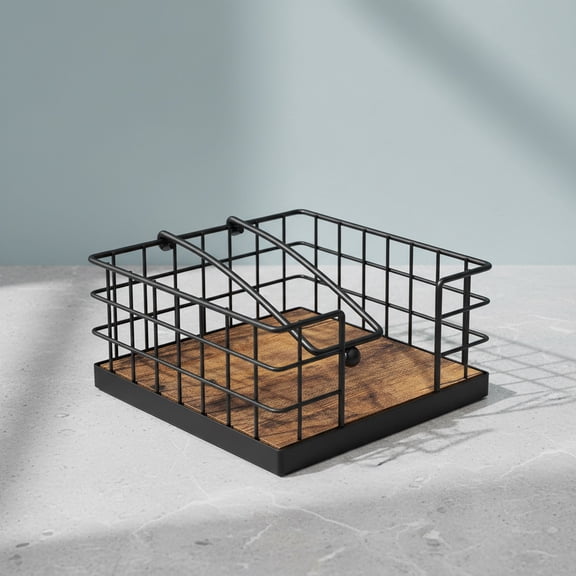 Napkin Holder for Table, Farmhouse Napkin Holders for Paper Napkins, Flat Napkin Basket with Weighted Arm, Wood Kitchen Napkin Dispenser, Rustic Brown and Black