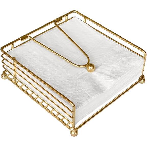 Napkin Holder for Table, Flat Napkin Dispenser with Weighted Arm, Square Cocktail Paper Holder of Elegant Rustic Iron for Kitchen Dining Room Decor Restaurant Farmhouse Hotel Party, Gold