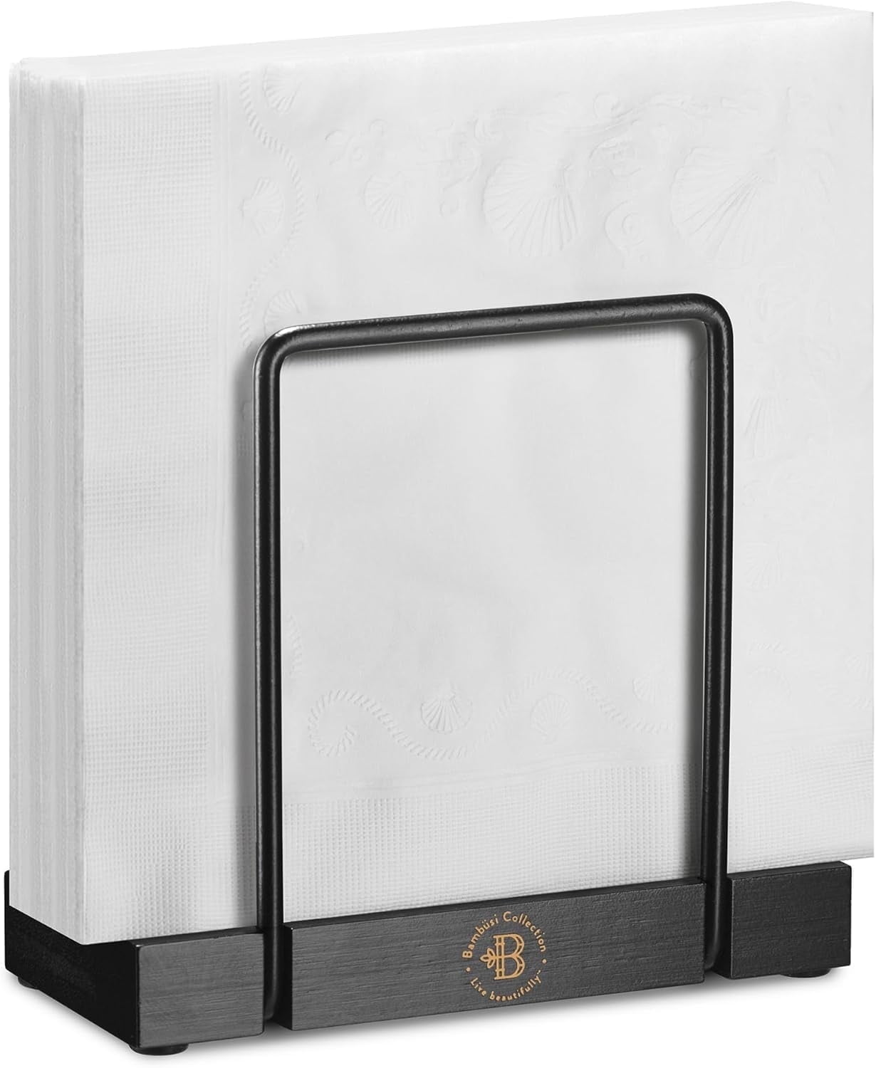 Napkin Holder for Table, Black Metal Frame with Bamboo Base, Non-Slip Bottom, Fits Cocktail or Dinner Paper Napkins