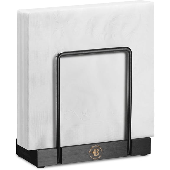 Napkin Holder for Table, Black Metal Frame with Bamboo Base, Non-Slip Bottom, Fits Cocktail or Dinner Paper Napkins
