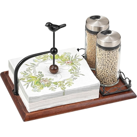 Napkin Holder for Table with Unique Bird - shaped Design, Napkin Holder with Salt and Pepper Shakers Storage (Shakers Not Included), Wooden Base, Iron Build, Ideal for Outdoor Use and Kitchens