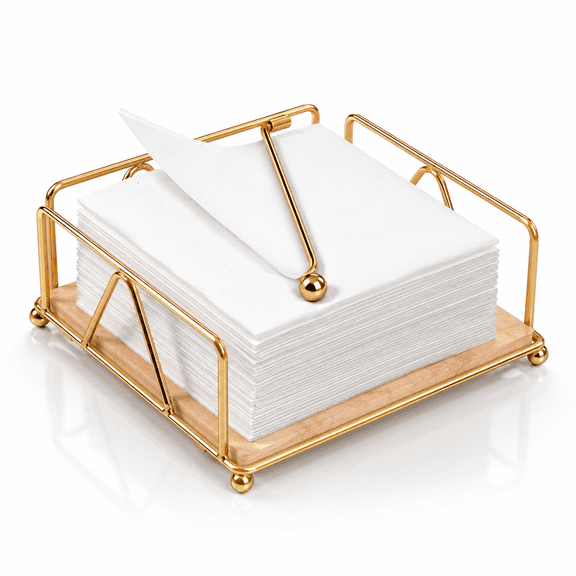 Napkin Holder for Table Flat Napkin Holder with Weighted Arm Standing Wood Base Napkin Holder for Kitchen Countertop Dining Room(Gold)