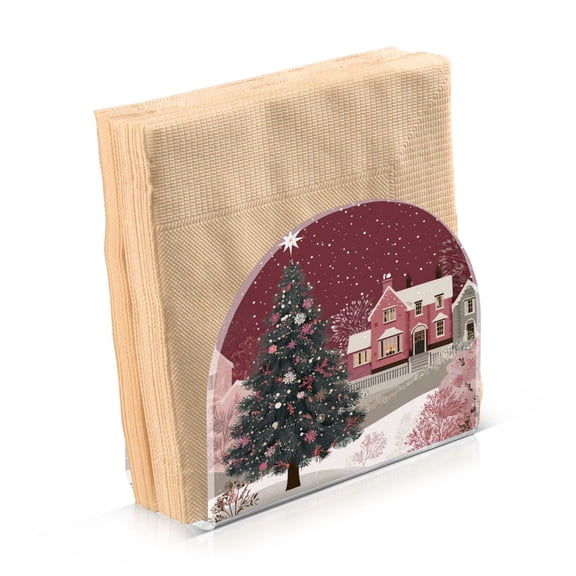Napkin Holder for Table Kitchen Paper Tissue Organization Standing Paper Napkin Storage Pink Christmas Trees and Houses