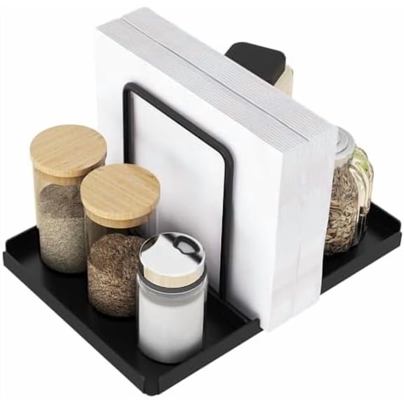 Napkin Holder for Table, Metal Napkin Holder with Salt and Pepper Shakers Caddy, Standing Paper Napkin Storage for Kitchen Dining Table Decor, Black