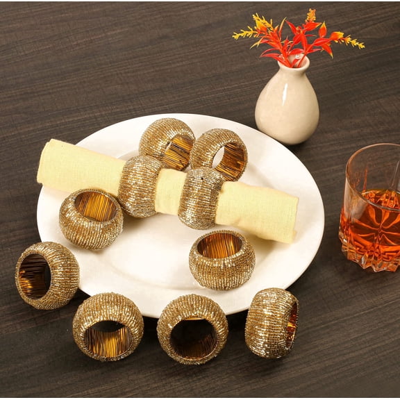 Napkin Ring Gold, Napkin Rings Set of 12, Beaded Napkin Holders, Round Napkin Rings Bulk for Christmas Party Decoration, Dinning Table, Everyday, Family Gatherings - Set Your Table with Style - Gold