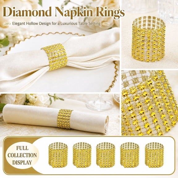 Napkin Rings Gold Rhinestone 8-Row Mesh Crystal Hollow Out 50 Pack Decorative Napkin Holders for Wedding Banquet Holiday Party Thanksgiving Christmas Dining Table Decoration Festive Gift
