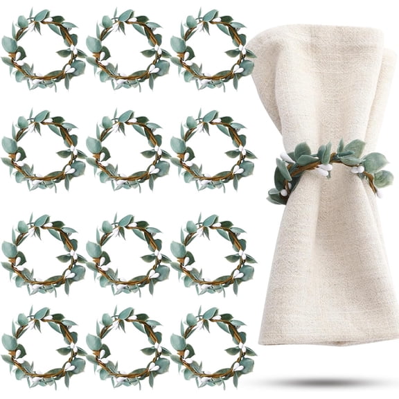 Napkin Rings Set of 12 Eucalyptus Leaf Napkin Rings Rustic Farmhouse Greenery Spring Wreath Ring Holders for Wedding Banquet Christmas Dining Table Decoration