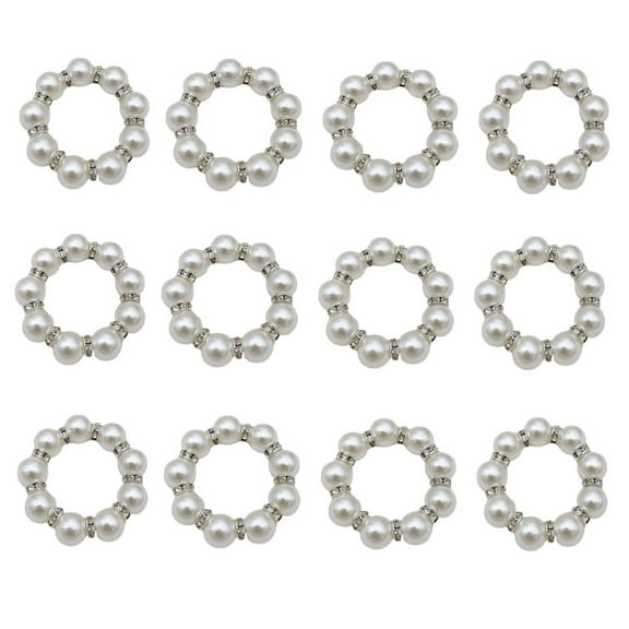 Napkin Rings Set of 12 Pearls Round Flower Silver Rhinestone Napkin Holders for Wedding Banquet Home Party Decoration Dining Table Linen Accessory (12 Pcs)