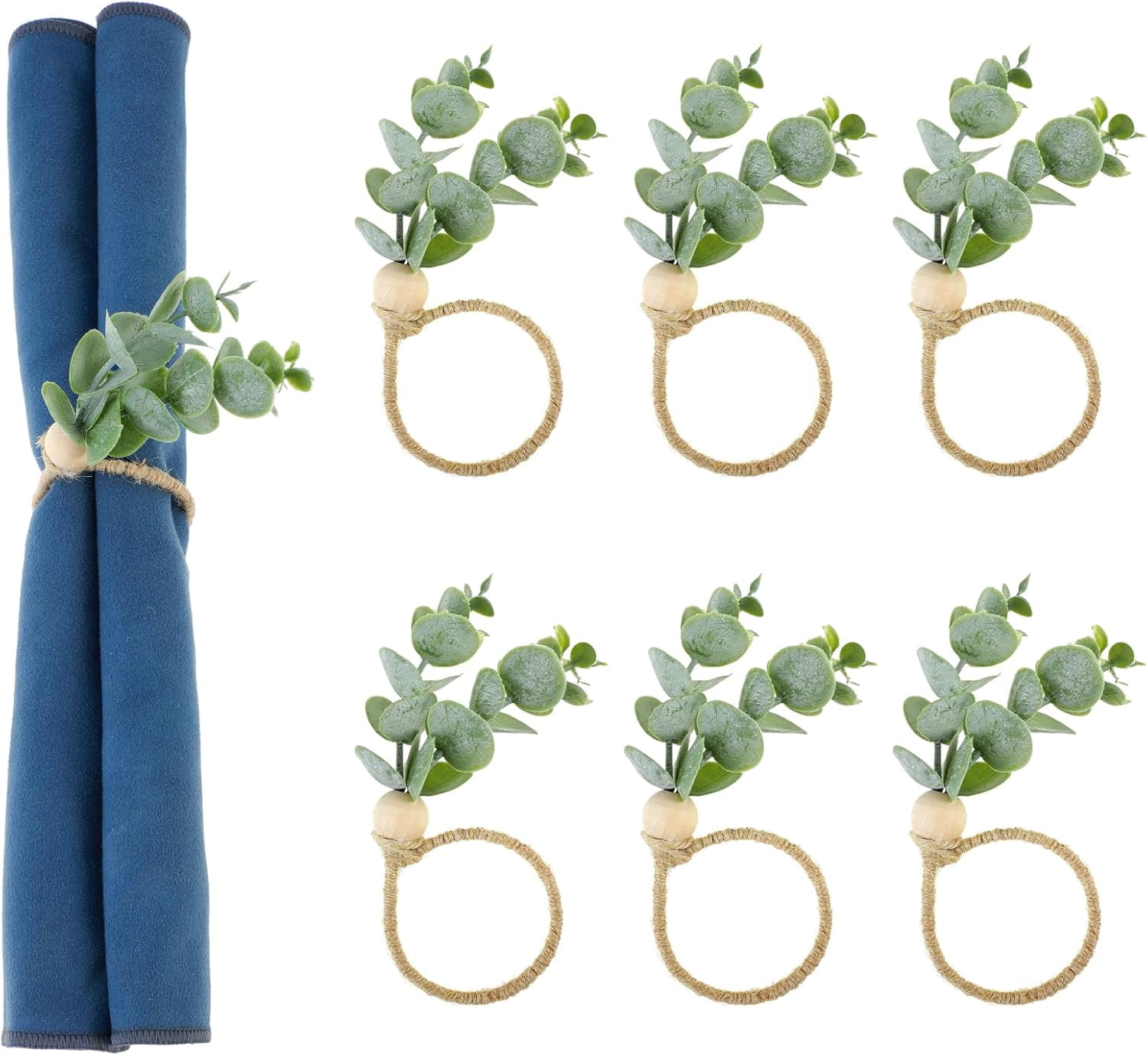 Napkin Rings Set of 6, Rustic Farmhouse Napkin Rings Wooden Green Leaf ...
