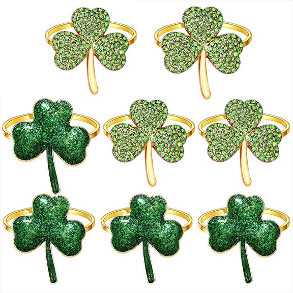 Napkin Rings Set of 8, Rhinestone Heart Shamrock Fleur De Lis Napkin Rings for Table Place Setting Gold Napkin Holder for Valentines Day St.Patrick Day Mardi Gras Holiday Table Decor (Style C)