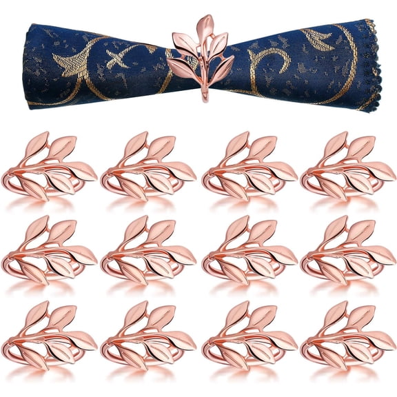 Napkin Rings Set Christmas Leaf Napkin Ring Holders Bridal Napkins Rings Glossy Napkin Holder Adornment for Vintage Wedding Thanksgiving Holidays Fall Dinner Decoration Favor (Rose Gold, 12)