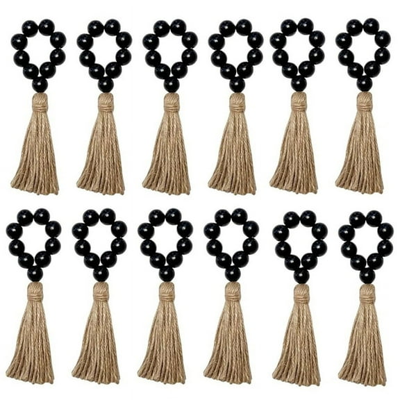 Napkin Rings Set of 12,Wooden Napkin Rings,Wood Bead Elastic Farmhouse Napkin Rings with Tassel,Boho Napkin Rings