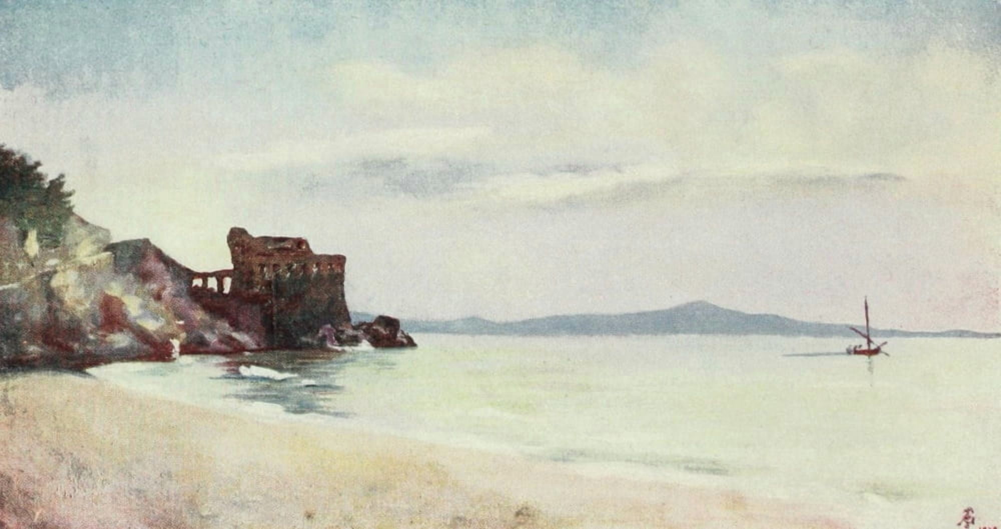Naples 1904 Old Tower on shore of Maiori Canvas Art - Augustine Fitzgerald (24 x 36)