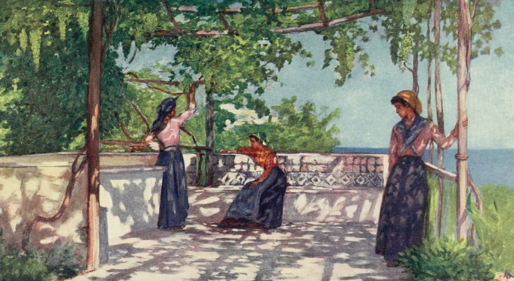 Naples 1904 Peasants under vines Casamicciola Canvas Art - Augustine Fitzgerald (24 x 36)