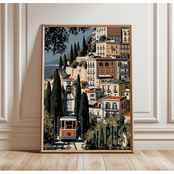 Naples Coastal Hillside City Print Tram Wall Art, Unframed Paper Print