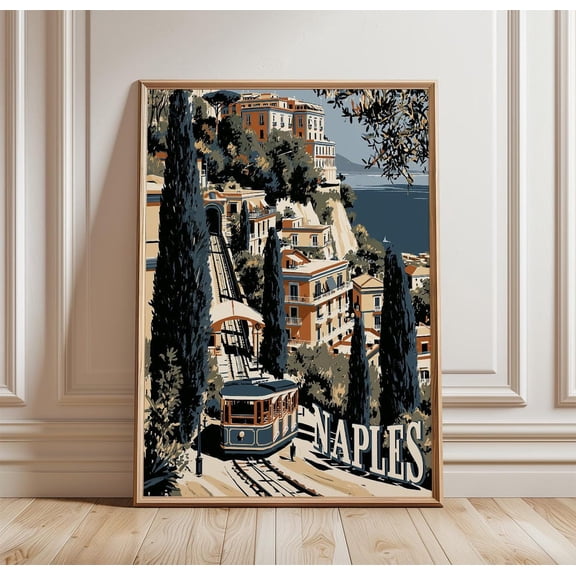 Naples Coastal Hillside City Print Tram Wall Art, Unframed Paper Print