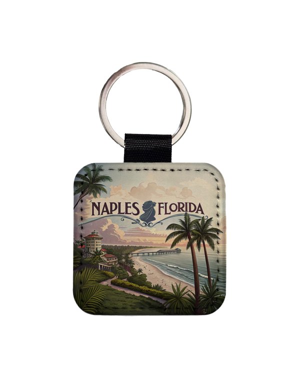 Naples, Florida FL Travel City State Stamp Faux Leather Square Keychain