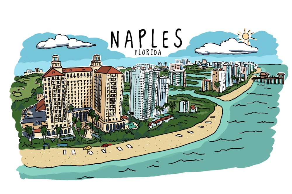 Naples, Florida, Line Drawing (9x12 Wall Art Print, Home Decor