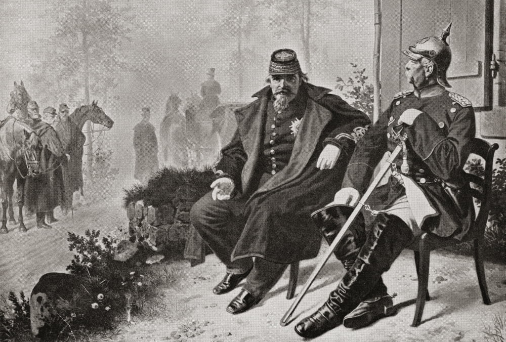 Napoleon III left having a conversation with Otto von Bismarck after being captured in the Battle of Sedan in 1870 Louis-Napol Canvas Art - Ken Welsh Design Pics (34 x 22)