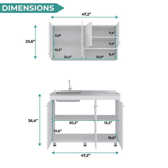 TUHOME Napoleon White Kitchen Pantry Cabinet Set, 7-Door Sink Base & Wall Cabinet, Stainless Sink