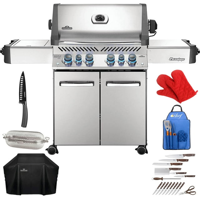 Napoleon P500RSIBNSS-3 Prestige 500 Natural Gas Grill with Infrared Burners, S. Steel Bundle with Grill Cover, Rotisserie Grill Basket, 16pc Knife Set, BBQ Tool Set, Oven Mitt and 6" Chef's Knife