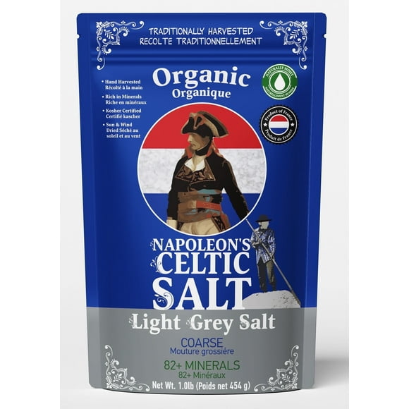 Napoleon's Celtic Salt - Celtic Salt Organic 82 Minerals Coarse, 1.0lb Resealable Bag, Naturally Moist, Hand Harvested, Unrefined French Grey, 100% Natural, 1.0lb Grey Coarse
