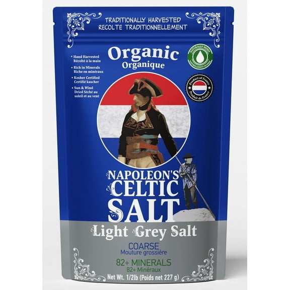 Napoleon's Celtic Salt - Celtic Salt Organic 82 Minerals Coarse, 1/2lb Resealable Bag, Naturally Moist, Hand Harvested, Unrefined from France, 100% Natural, 0.5lb Grey Coarse