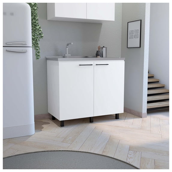 Napoles 2 Utility Sink with Cabinet, Stainless Steel Countertop, Interior Shelf-White White + Particle Board + Particle Board