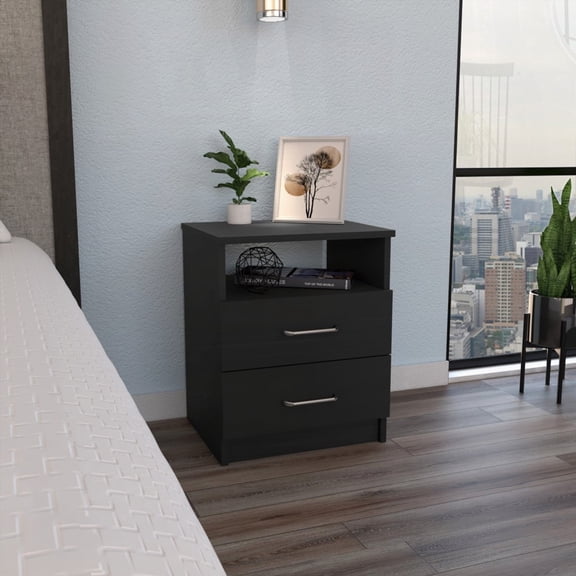 Napoles Modern Black Nightstand with 2 Drawers & Shelf